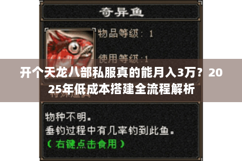 开个天龙八部私服真的能月入3万？2025年低成本搭建全流程解析