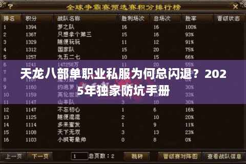 天龙八部单职业私服为何总闪退？2025年独家防坑手册